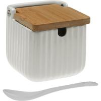 Azucarero cuadrado blanco rayado con tapa de madera VERSA, 8,3x8,3x8,3cm