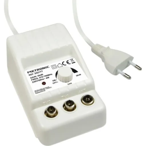Amplificador de señal TV 1 entrada y 2 salidas 26db 332177 METRONIC Amplificador de señal TV 1 entrada y 2 salidas 26db 332177 METRONIC