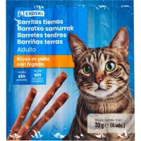 Barritas tiernas con pollo para gato EROSKI, paquete 30 g Barritas tiernas con pollo para gato EROSKI, paquete 30 g