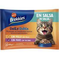 Pollo y pavo en salsa para gato BREKKIES DELICE, pack 4x85 g