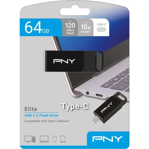 USB negro Tipo C 3.2 64GB Elite PNY
