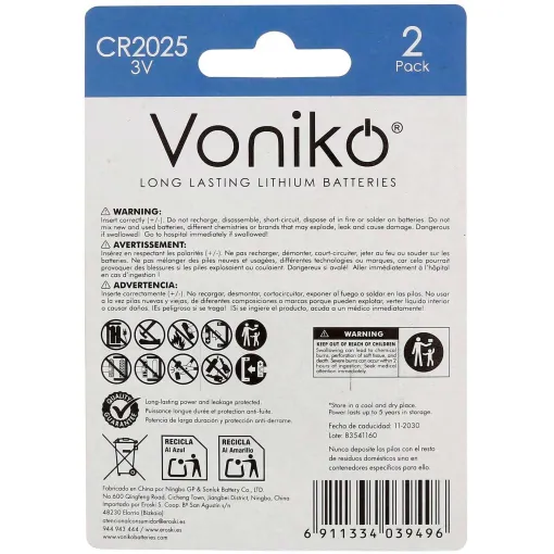 Pila de botón de litio, 3V, CR2025 VONIKO, pack 2 uds