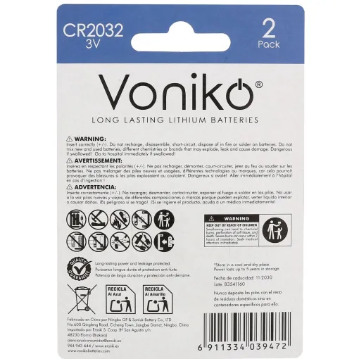 Pila de botón de litio, 3V, CR2032 VONIKO, pack 2 uds