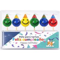 Vela para tarta, cara feliz, multicolor, Feliz Cumpleaños, pack 6 uds