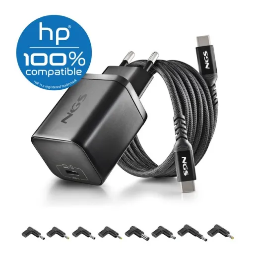 Pack cargador GAN USB-C 65W+cable 1,5m USB-C+8 clavijas para portátil HP NGS