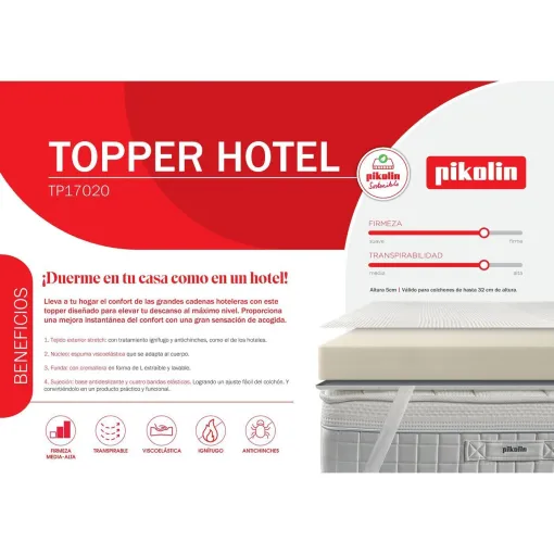 Sobrecolchón Topper Hotel viscoélastico, 5 cm, mejora confort PIKOLIN, 150x190 cm