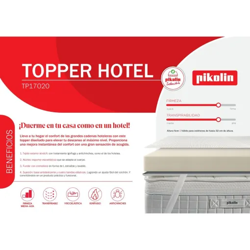 Sobrecolchón Topper Hotel viscoélastico, 5 cm, mejora confort PIKOLIN, 180x200 cm