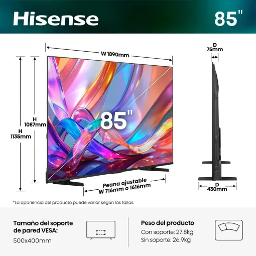 Televisor Qled 85" UHD 4K 85E7S HISENSE