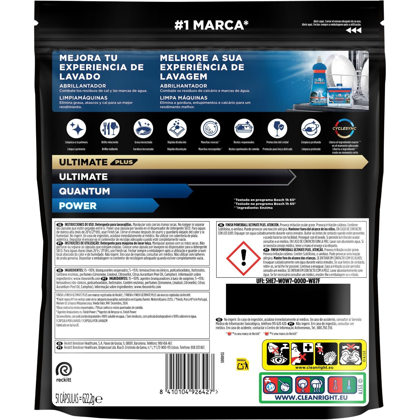 Lavavajillas máquina FINISH ULTIMATE +, bolsa 51 dosis