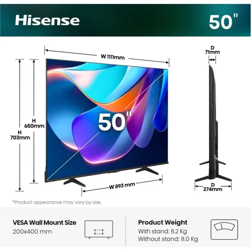 Televisor Led de 50" UHD 4K 50A6S HISENSE