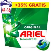 Detergente en cápsulas original ARIEL, caja 44+16 uds