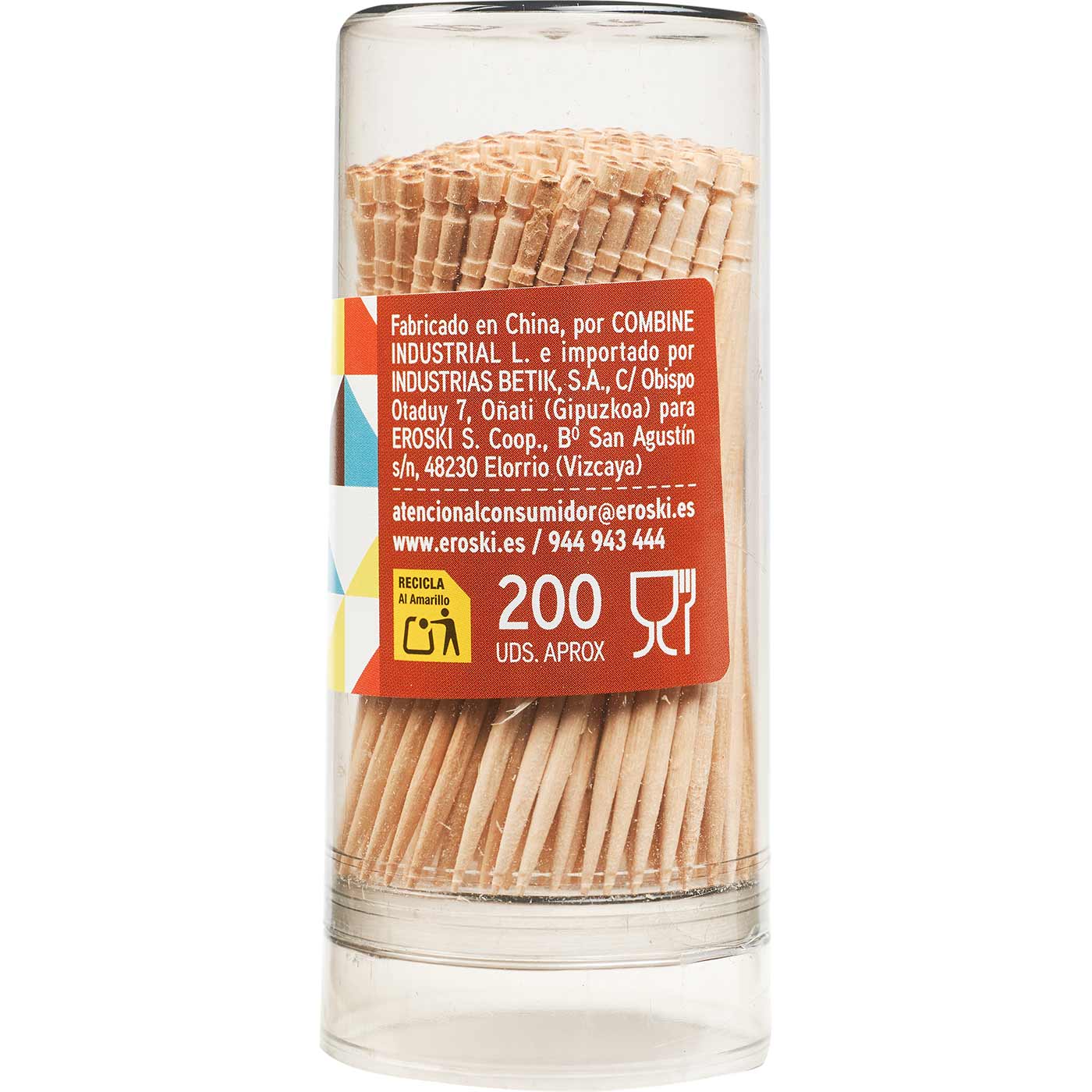 Palillo torneado en palillero EROSKI, bote 200 uds