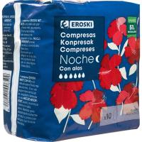 Compresas de noche con alas EROSKI, paquete 10 uds